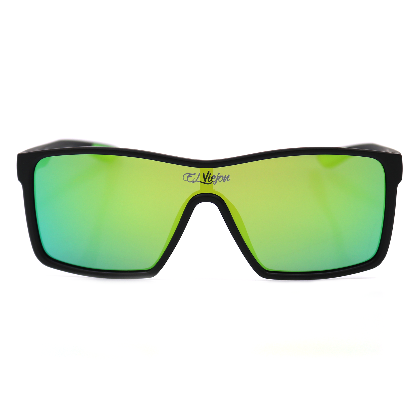 El Viejon Evergreen black acetate sunglasses with polarized green mirrored lenses.