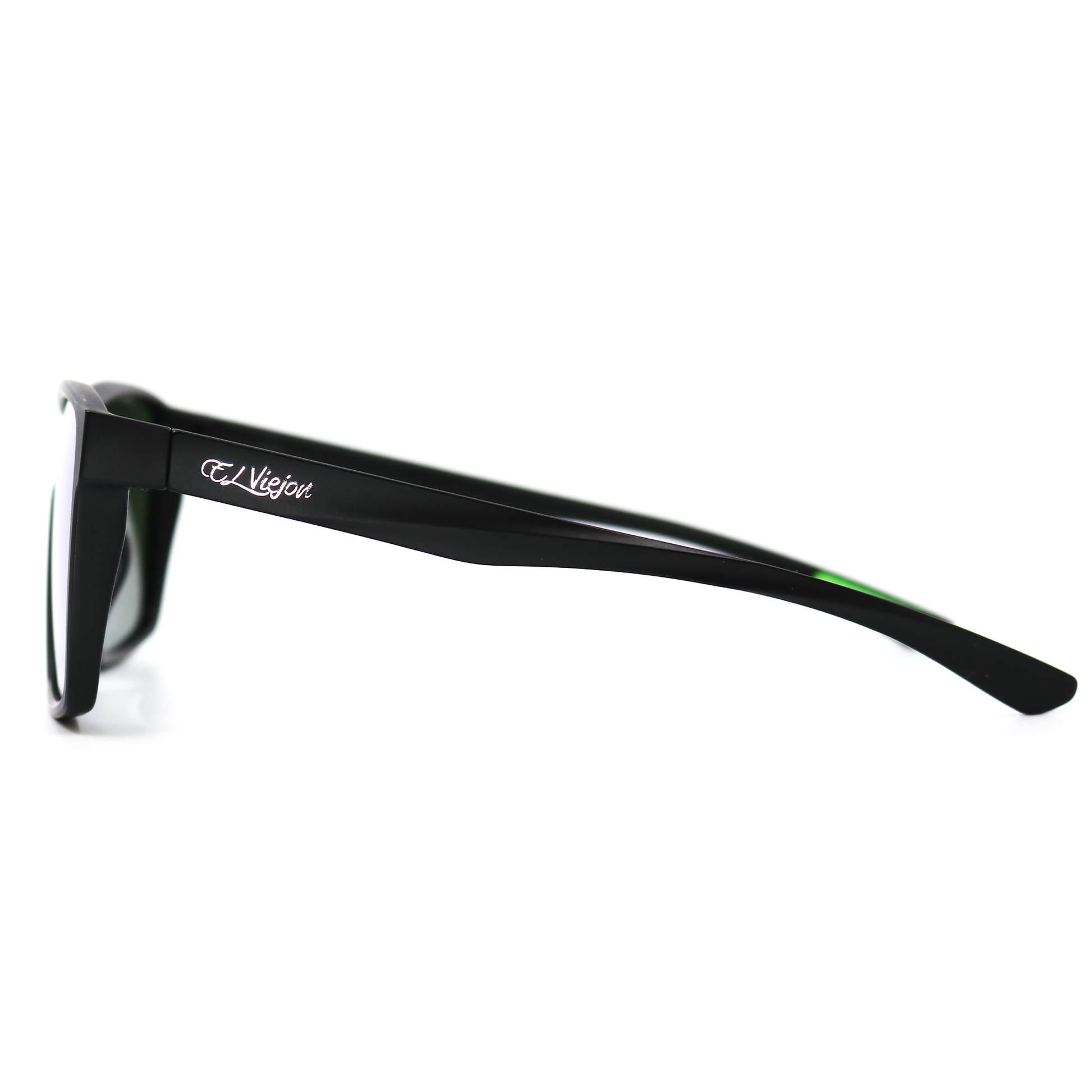 El Viejon Brand Evergreen black acetate sunglasses with polarized lenses and green temple accents.
