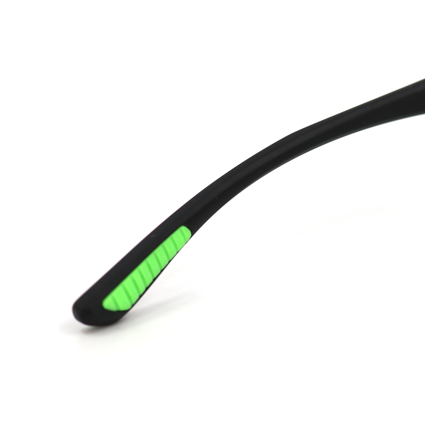 Black acetate sunglasses temple with a vibrant green striped accent.