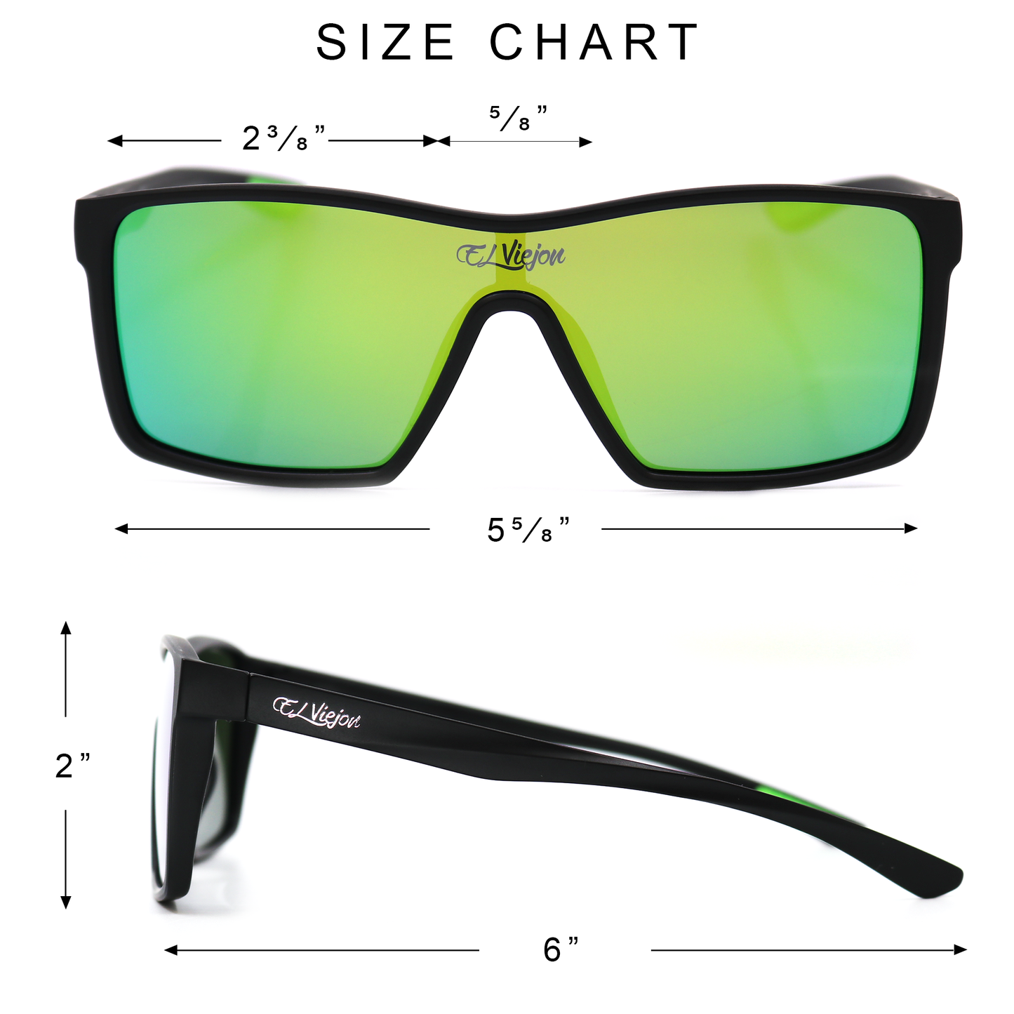 El Viejon Evergreen sunglasses: black acetate frame, polarized green mirror lenses, UV400 protection, with size chart.