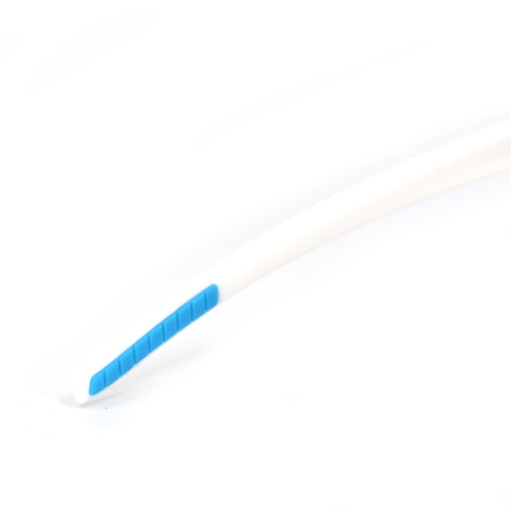 White acetate sunglasses temple with blue grip detail.