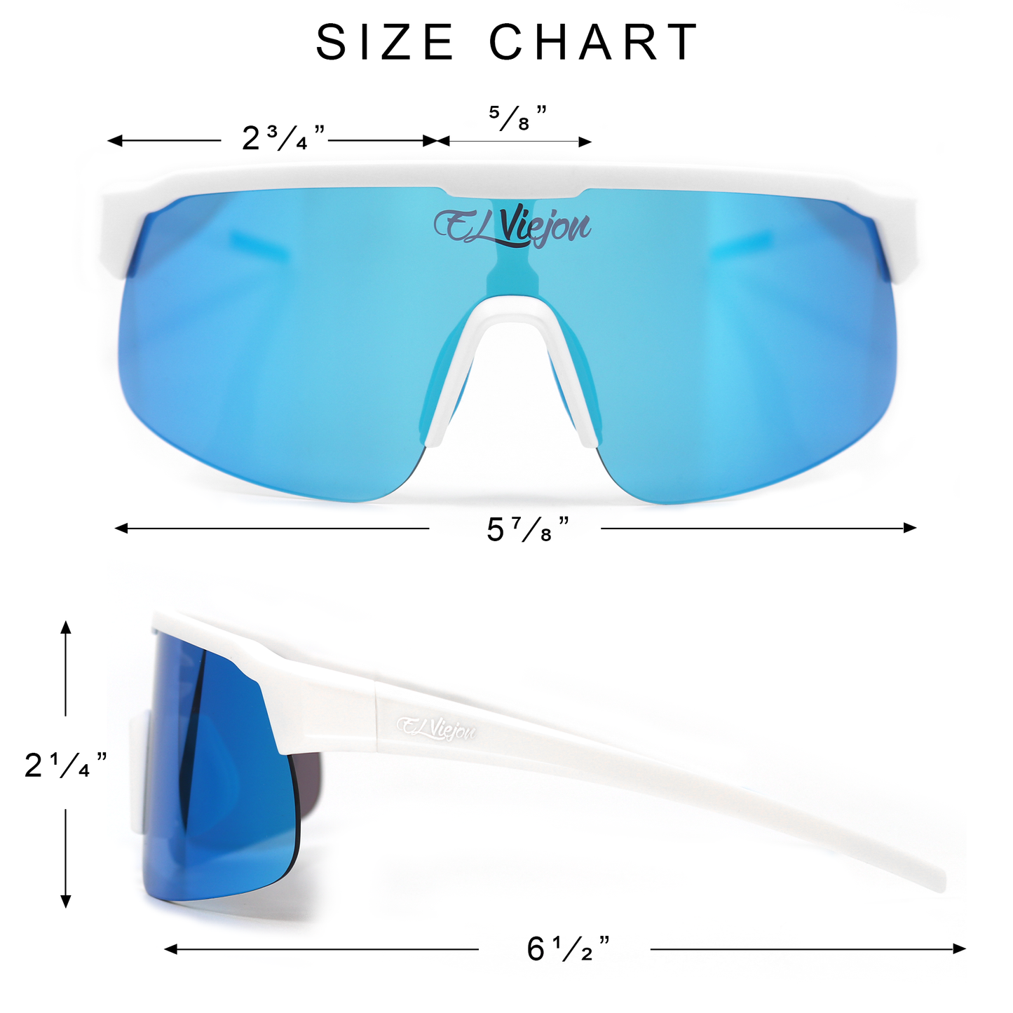 White acetate El Viejon Frost sunglasses with polarized blue UV400 lenses, shown with size dimensions.