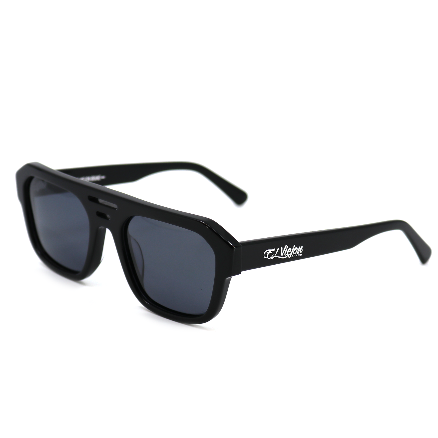 Black acetate Gobernador sunglasses with polarized UV400 lenses and El Viejon Brand logo.