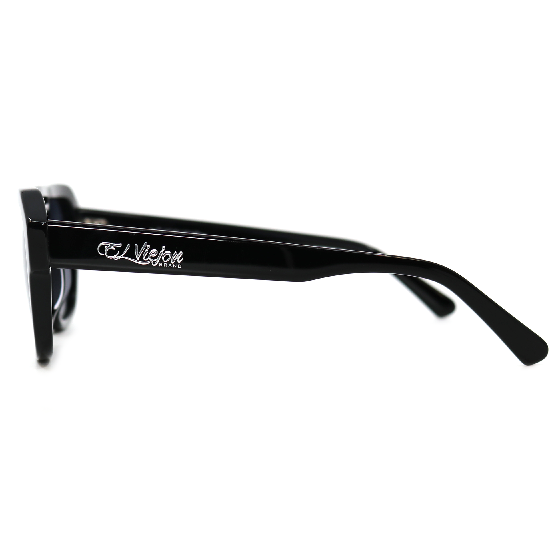 Gobernador black acetate sunglasses with polarized lenses and El Viejon Brand logo on the temple.