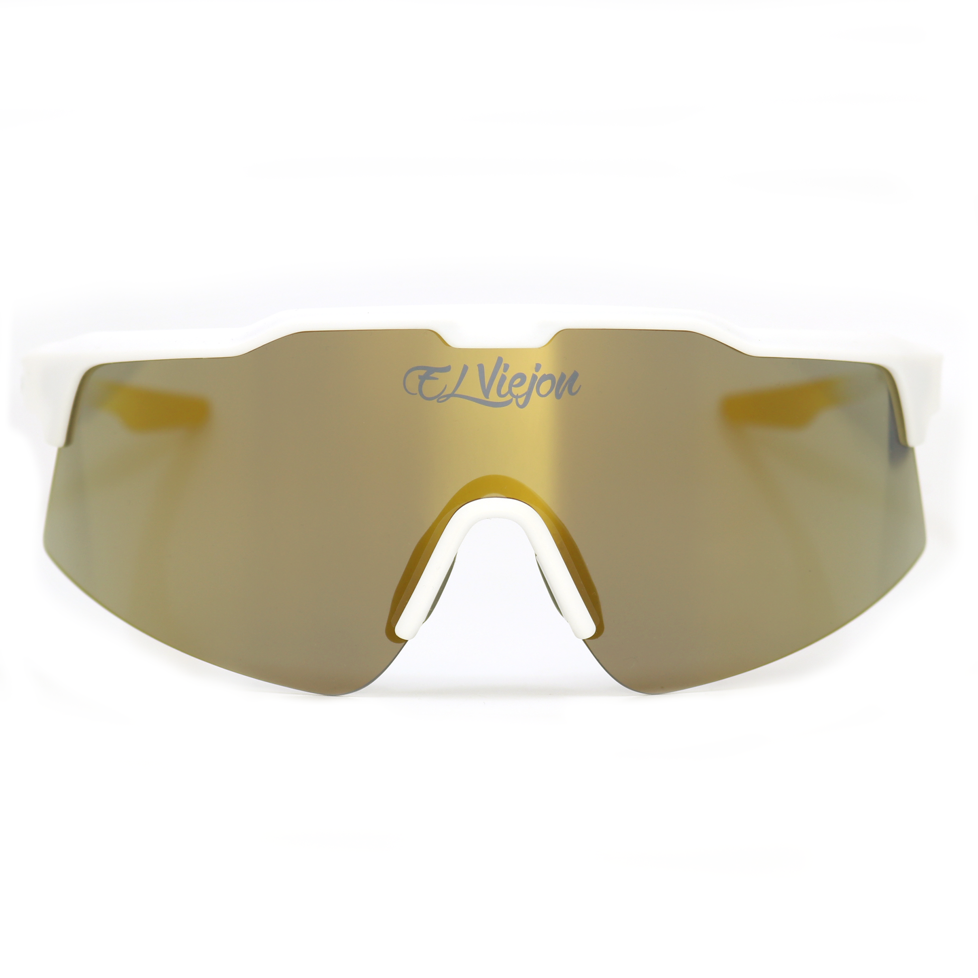 White acetate El Viejon Brand sunglasses with gold polarized lenses.