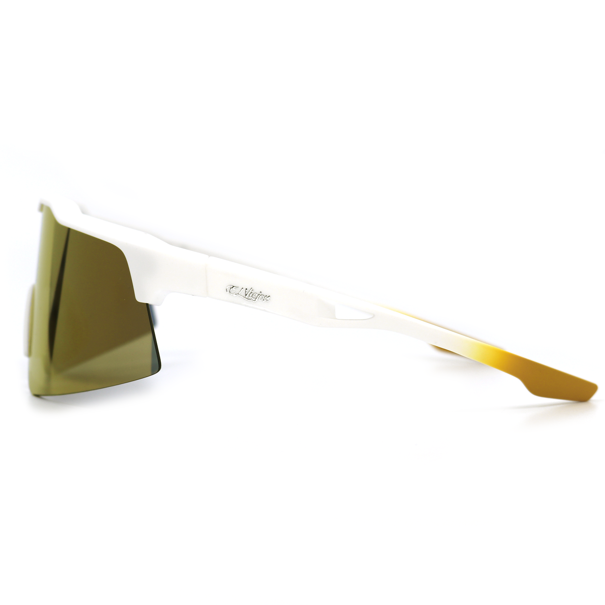 White acetate sunglasses with gold polarized lenses and El Viejon Brand logo on the temple.