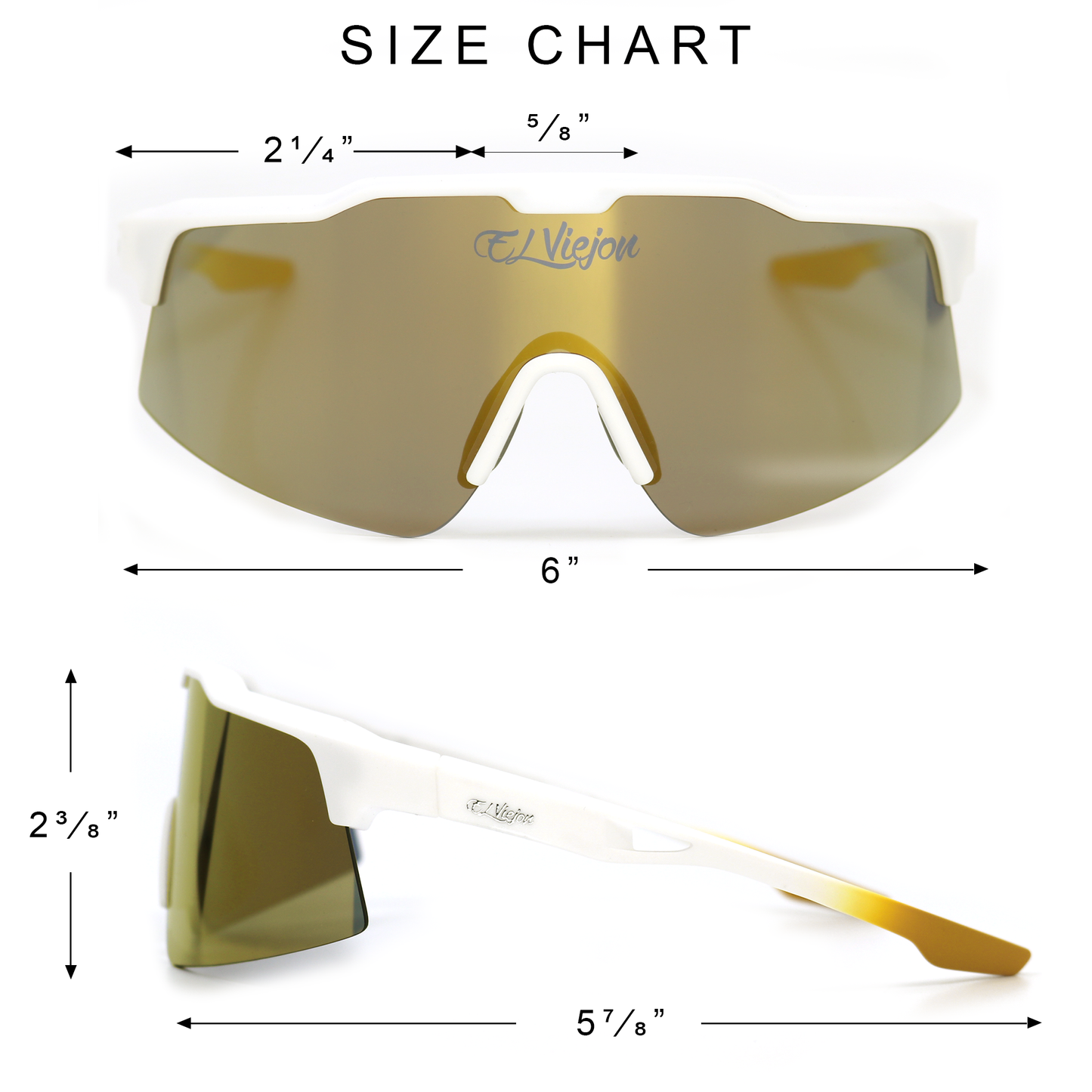 El Viejon Brand gold polarized sunglasses with white acetate frame and size chart.