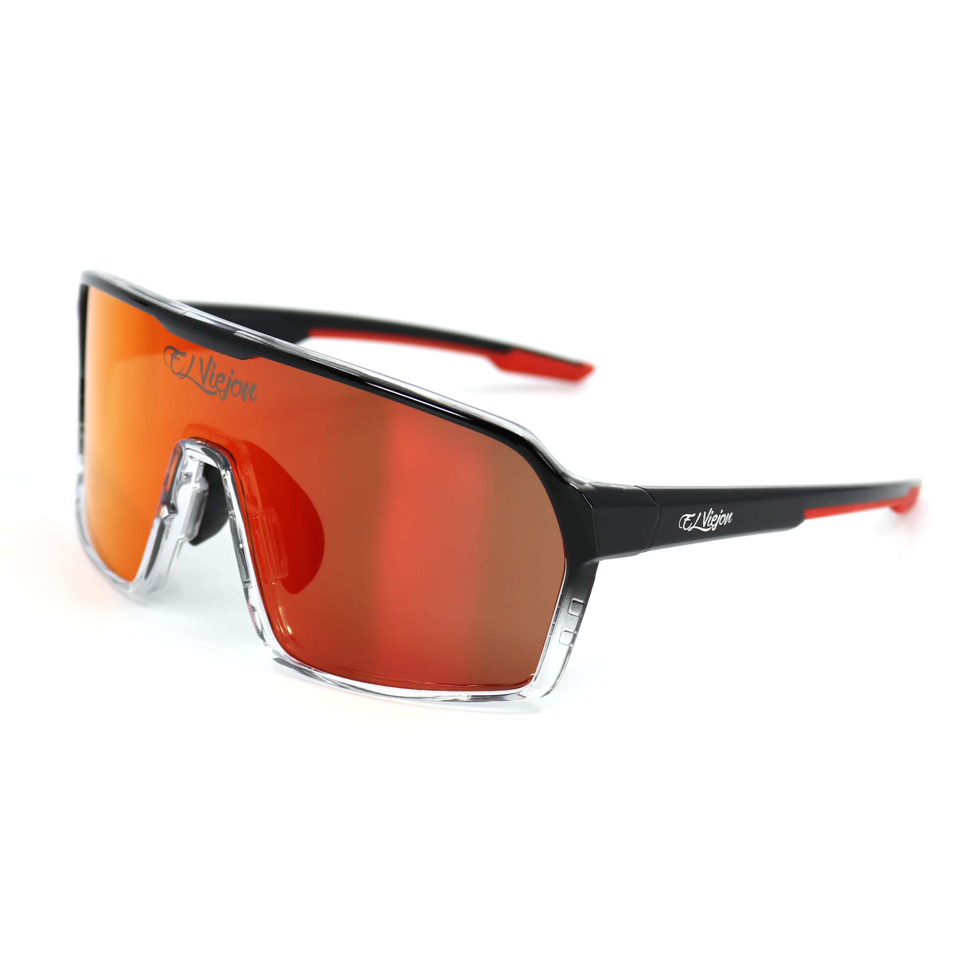 El Viejon Redfade sunglasses with black and clear acetate frame, polarized red mirror lenses.