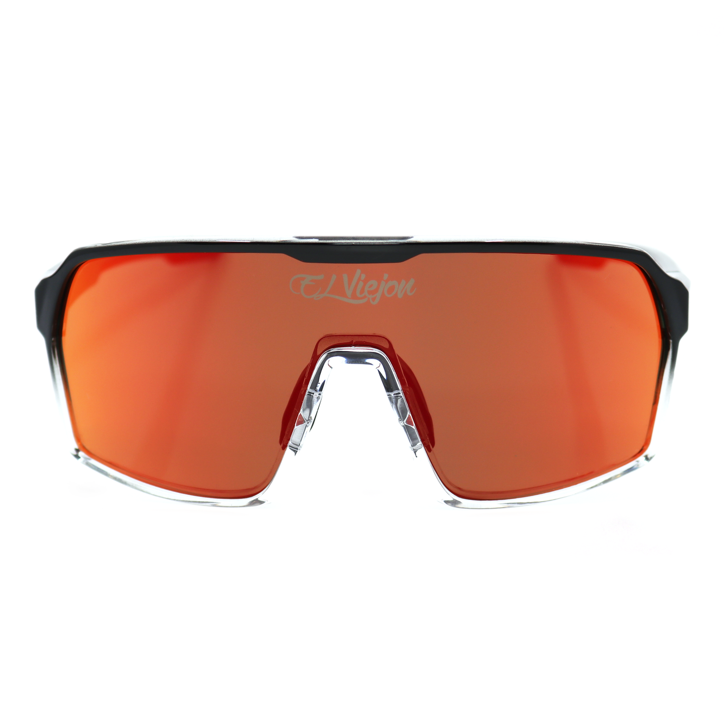 El Viejon Redfade polarized sunglasses with black and clear acetate frame, and orange lenses.