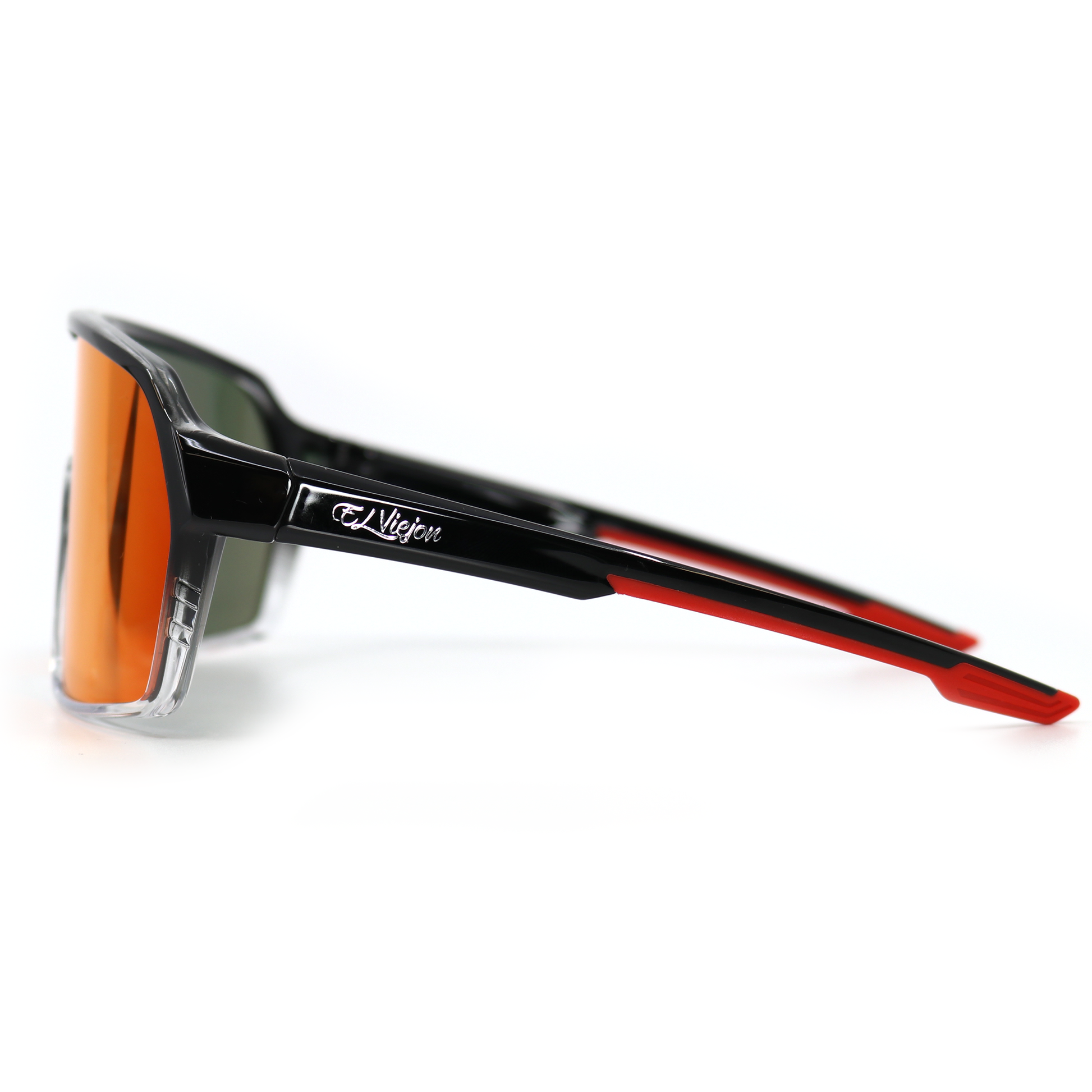 Redfade El Viejon Brand sunglasses with clear acetate frame, black temples, red tips, and polarized orange lenses.