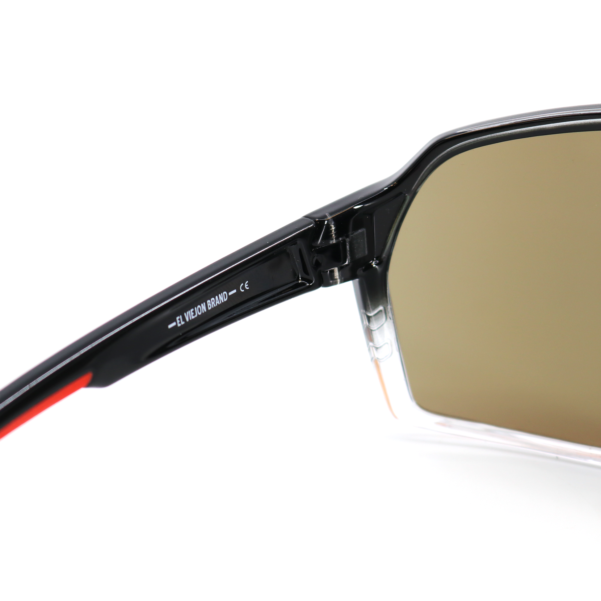 El Viejon Brand Redfade sunglasses with black acetate frame, polarized brown lens, and red temple accent.