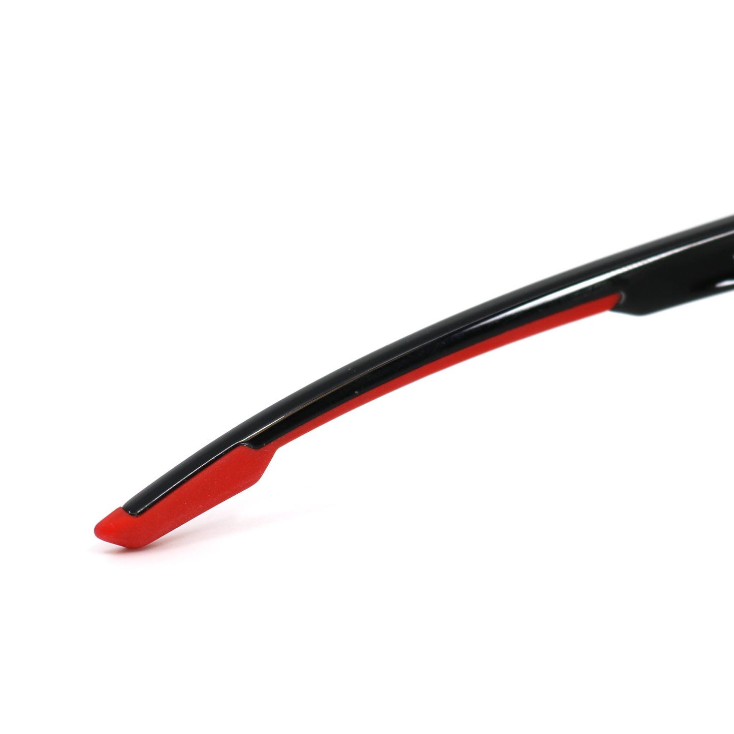 Close-up of a black acetate sunglasses temple with a redfade tip and El Viejon Brand logo.