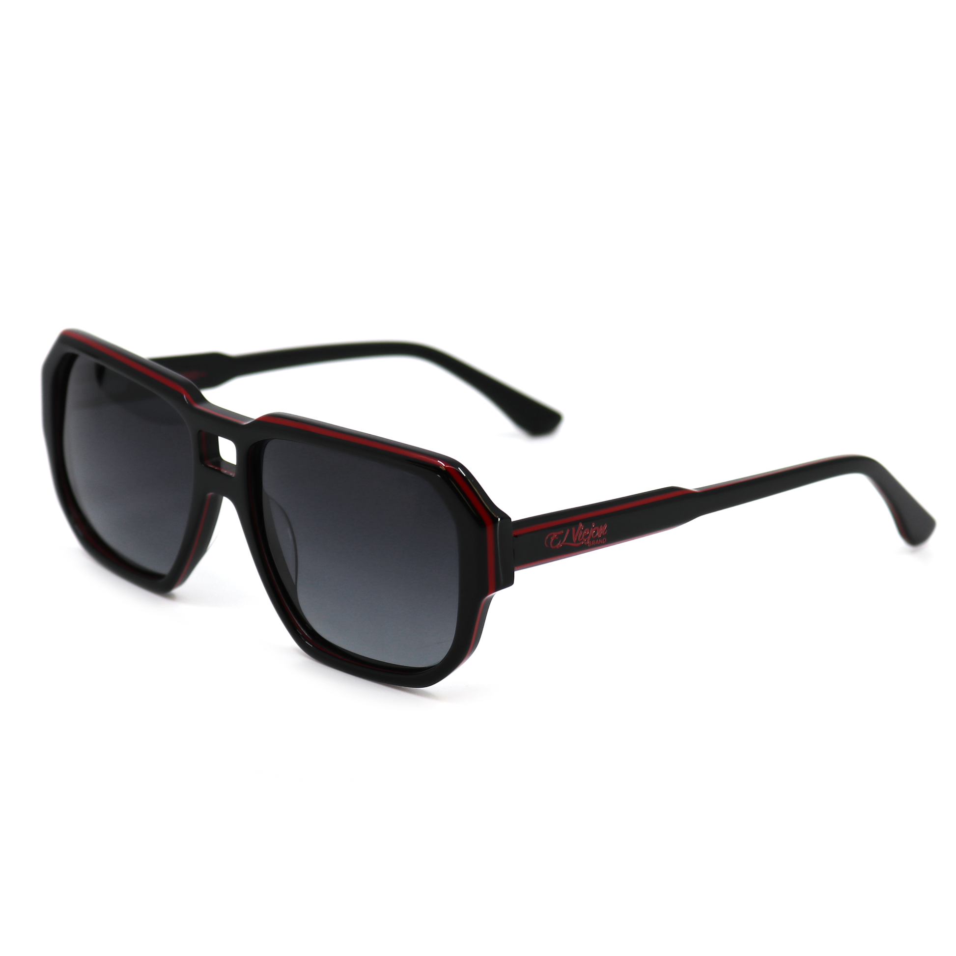 Redline black acetate sunglasses with red trim, polarized lenses, and El Viejon Brand logo.
