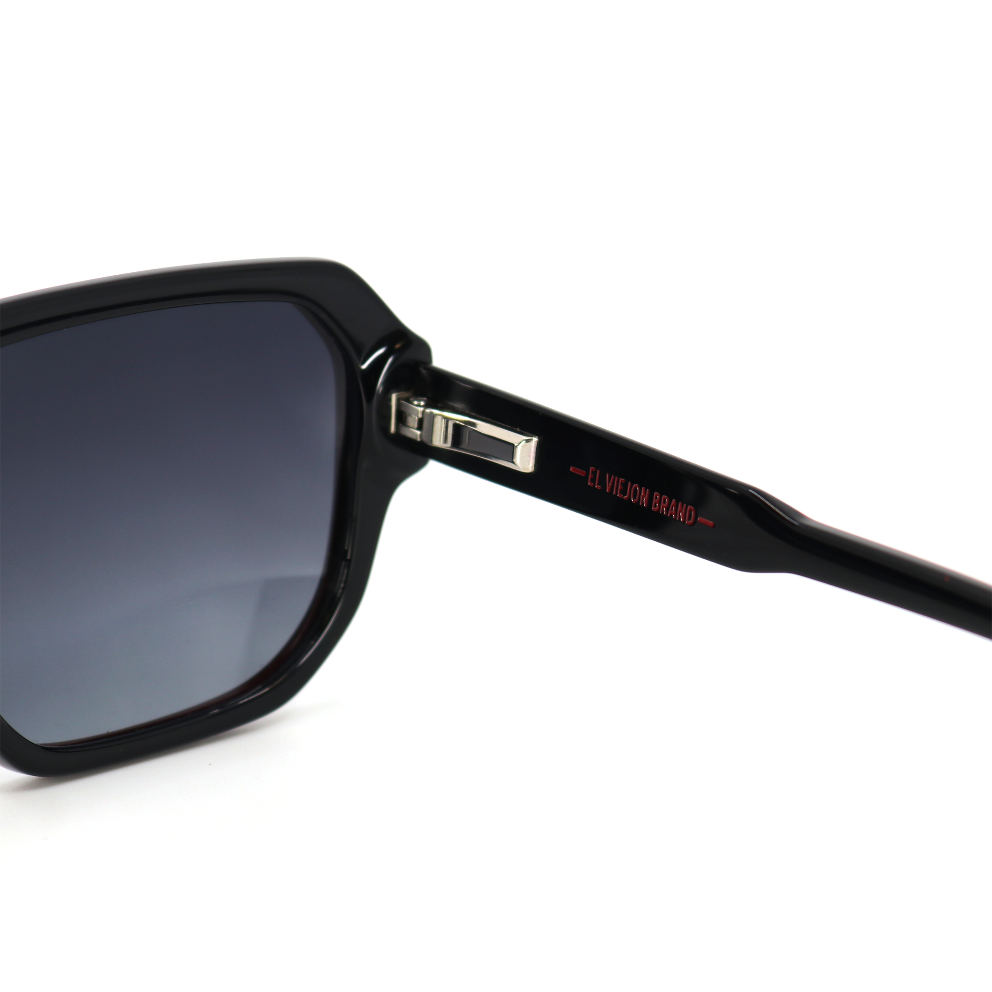 Black acetate Redline sunglasses with polarized lenses and El Viejon Brand logo on the temple.