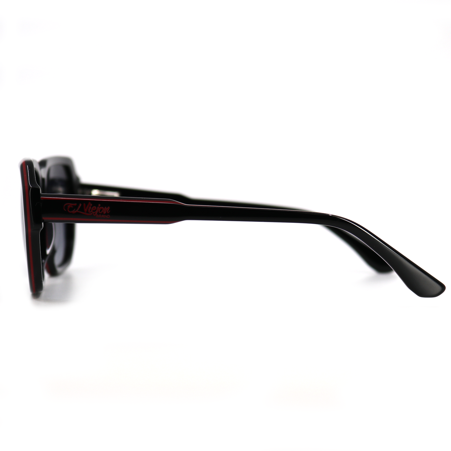 Redline black acetate sunglasses with polarized lenses, red accents, and El Viejon Brand logo.