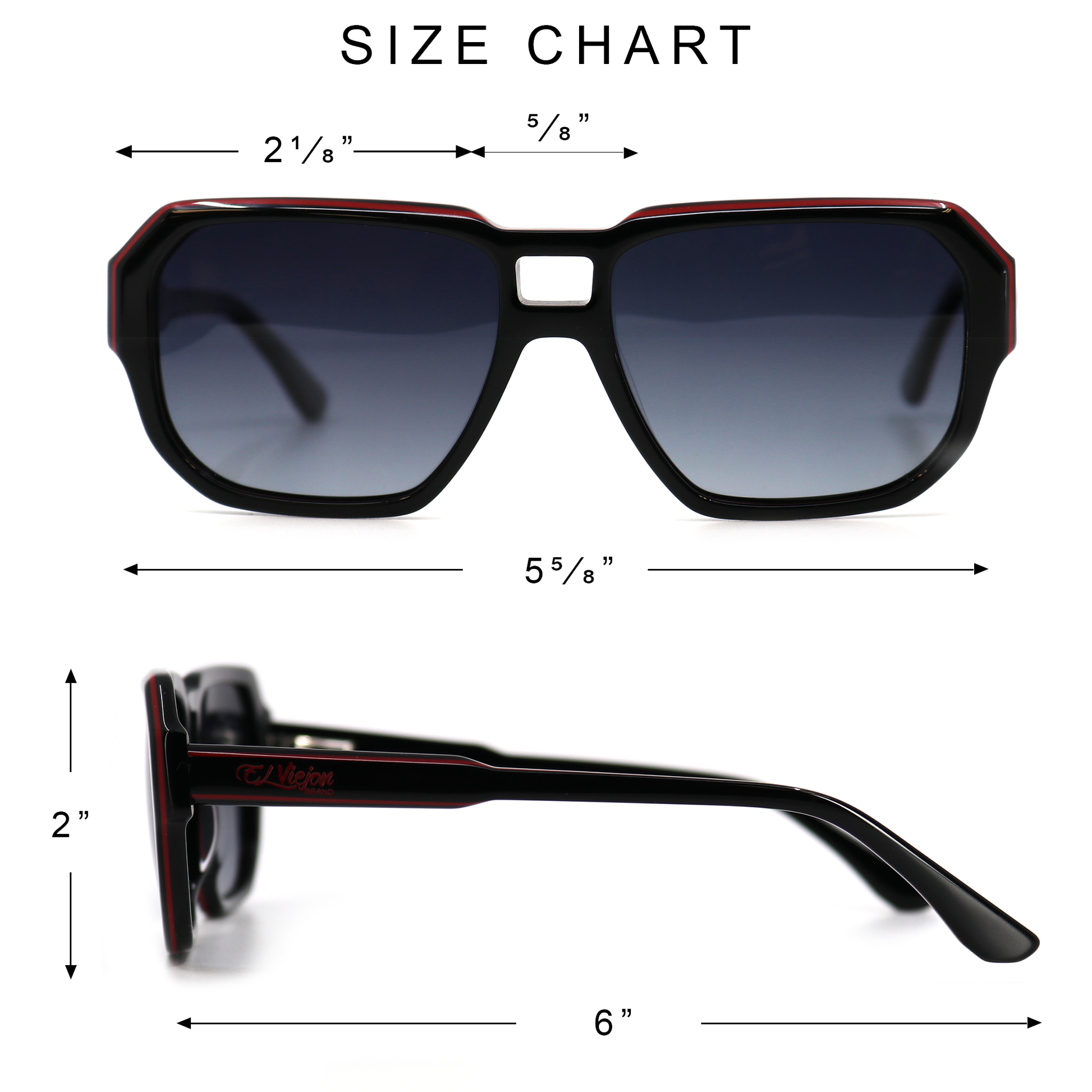 Black acetate Redline sunglasses with polarized gradient lenses and red accents, showing size chart.