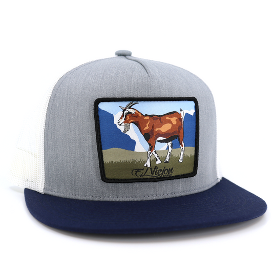 Chivo Navy/Heather/White flat visor TruCap™ trucker hat with goat patch.