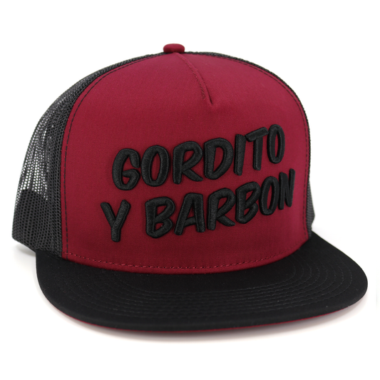 Gordito Y Barbon black/maroon/black flat visor hat with black mesh and raised black text.
