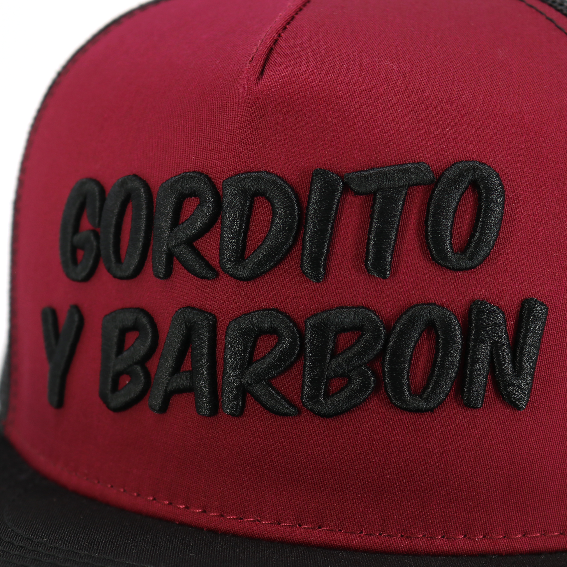 Gordito Y Barbon black/maroon/black flat visor hat with embroidered text.