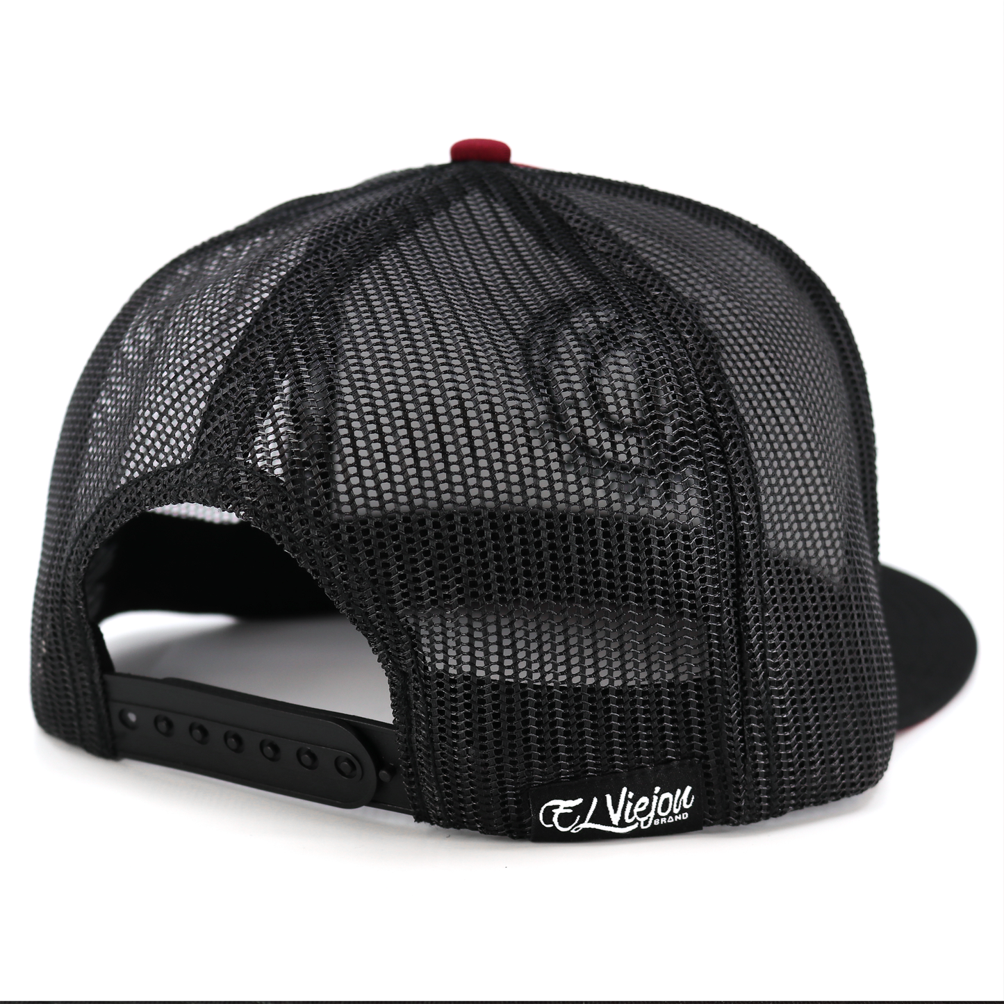Gordito Y Barbon flat visor hat, black front, maroon crown, black mesh back, adjustable snapback.