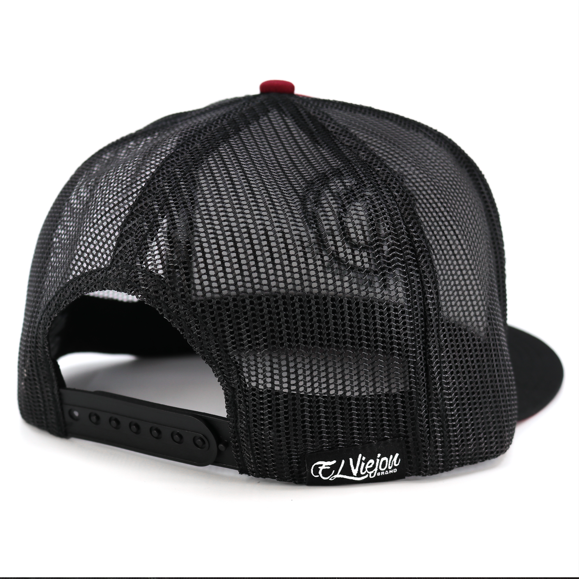Gordito Y Barbon flat visor hat, black front, maroon crown, black mesh back, adjustable snapback.