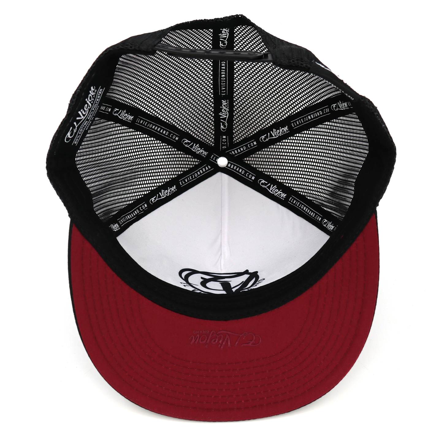 Gordito Y Barbon black/maroon flat visor hat with black mesh back and white interior.