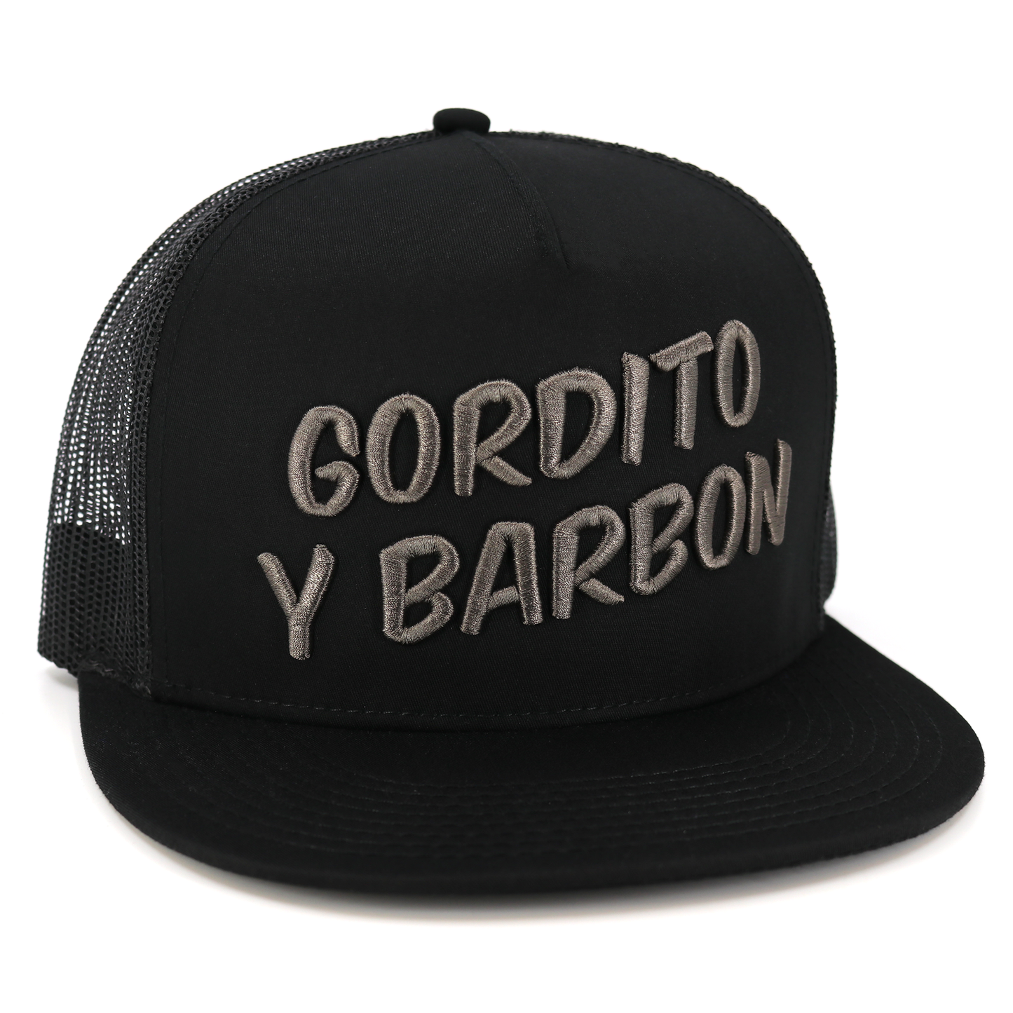 Gordito Y Barbon black flat visor hat with charcoal embroidered logo and black mesh back.