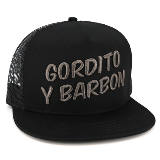 Gordito Y Barbon black flat visor hat with charcoal embroidered logo and black mesh back.