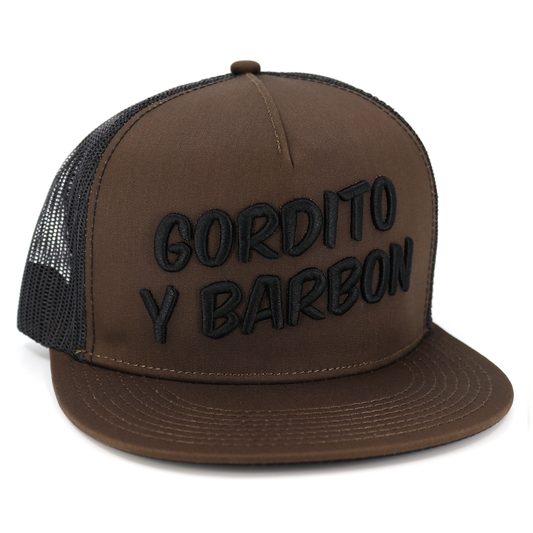 Gordito Y Barbon coyote/black flat visor hat with black mesh back and embroidered text.