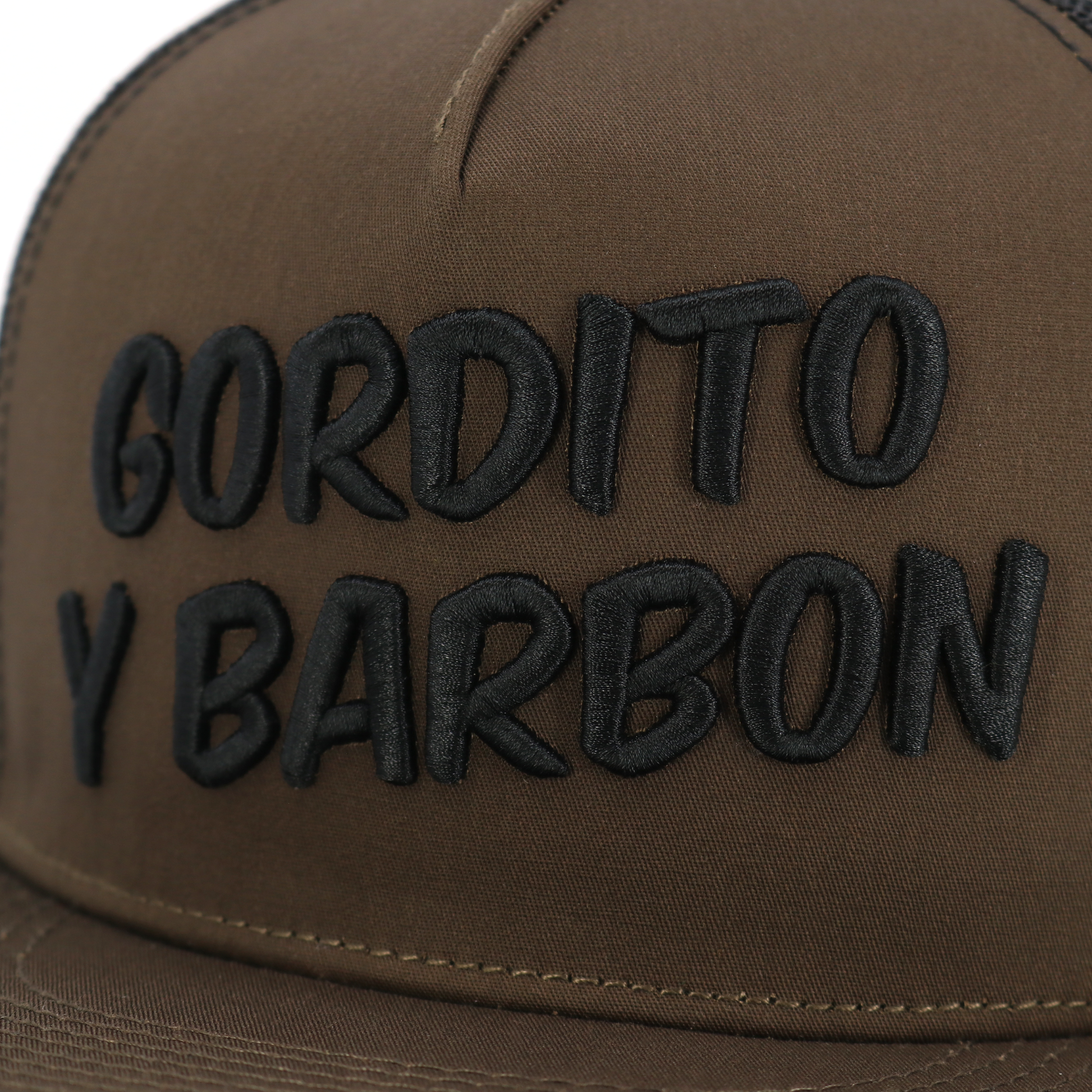 Gordito Y Barbon coyote/black flat visor hat with black embroidered text, high profile, and adjustable snapback.