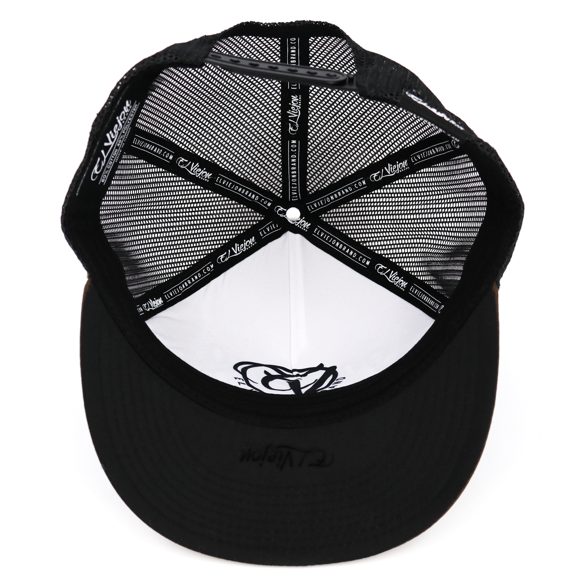 Inside view of a black mesh flat visor hat with white front panel and black adjustable snapback.
