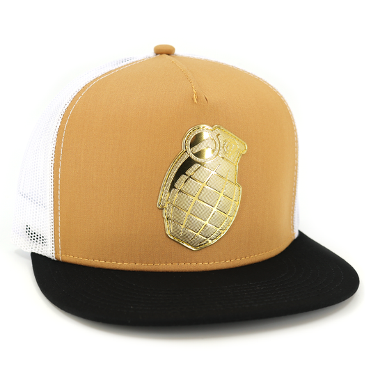 Granada Black/Caramel/White flat visor hat with gold grenade emblem and white mesh back.
