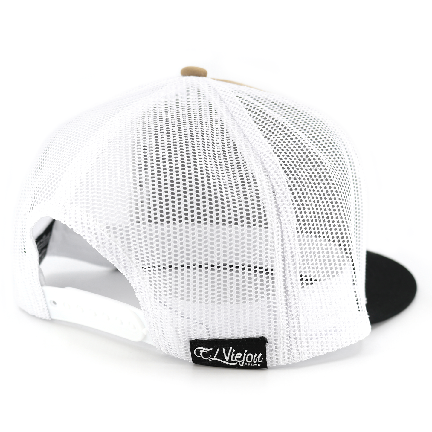 Granada Black/Caramel/White flat visor hat with white mesh back, adjustable snapback, and El Viejou Brand logo.