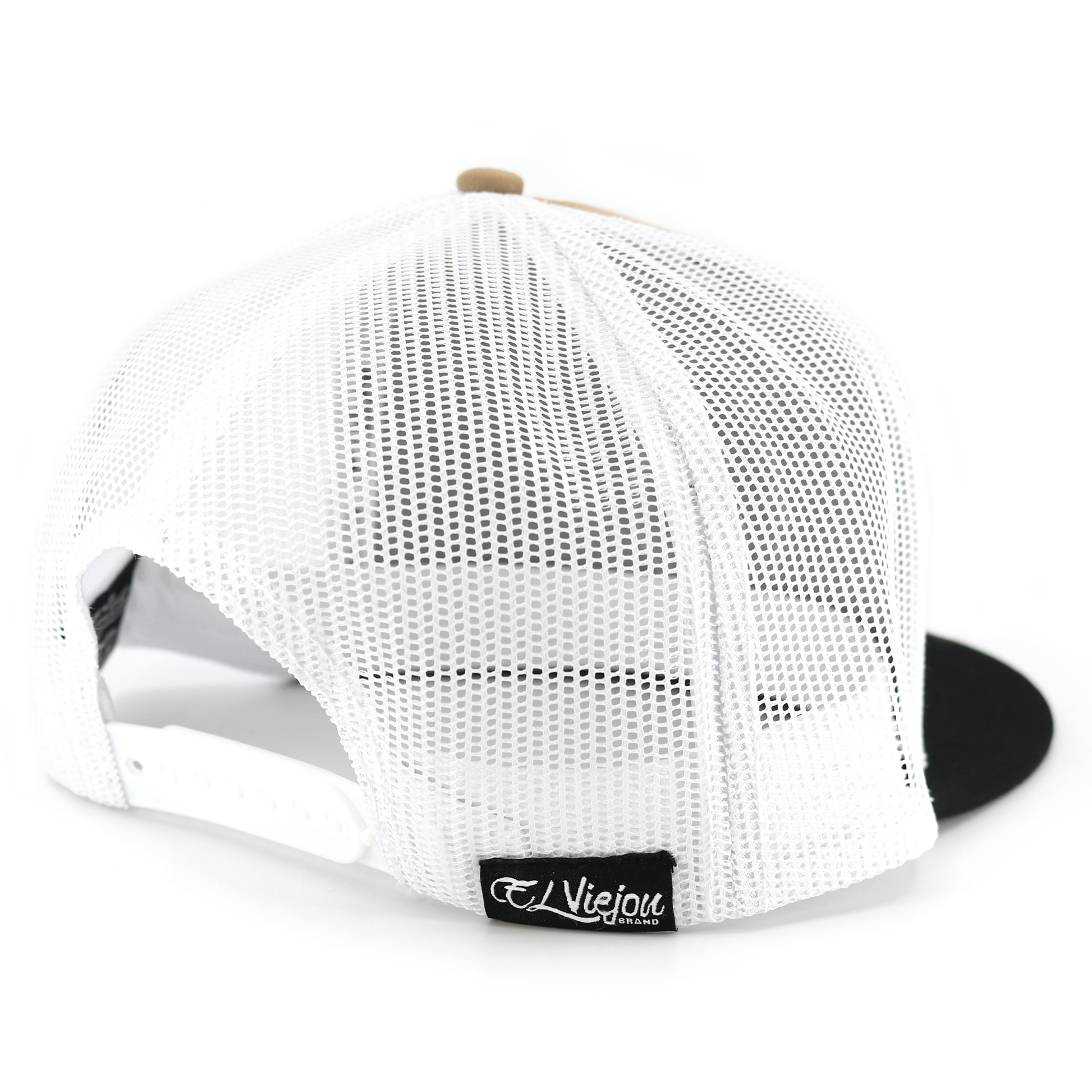 Granada Black/Caramel/White flat visor hat with white mesh back, adjustable snapback, and El Viejou Brand logo.