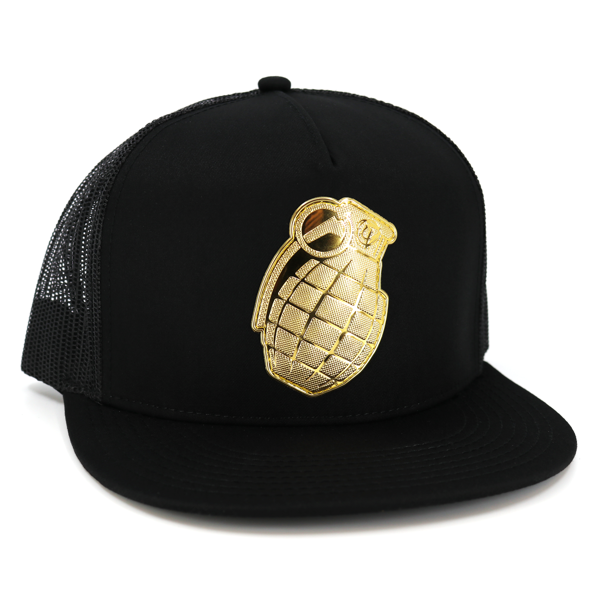 Granada Black flat visor hat with gold grenade emblem, black mesh, and adjustable snapback.
