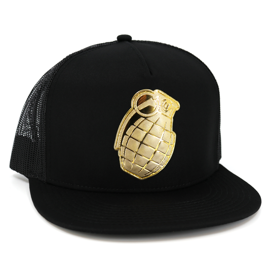 Granada Black flat visor hat with gold grenade emblem, black mesh, and adjustable snapback.