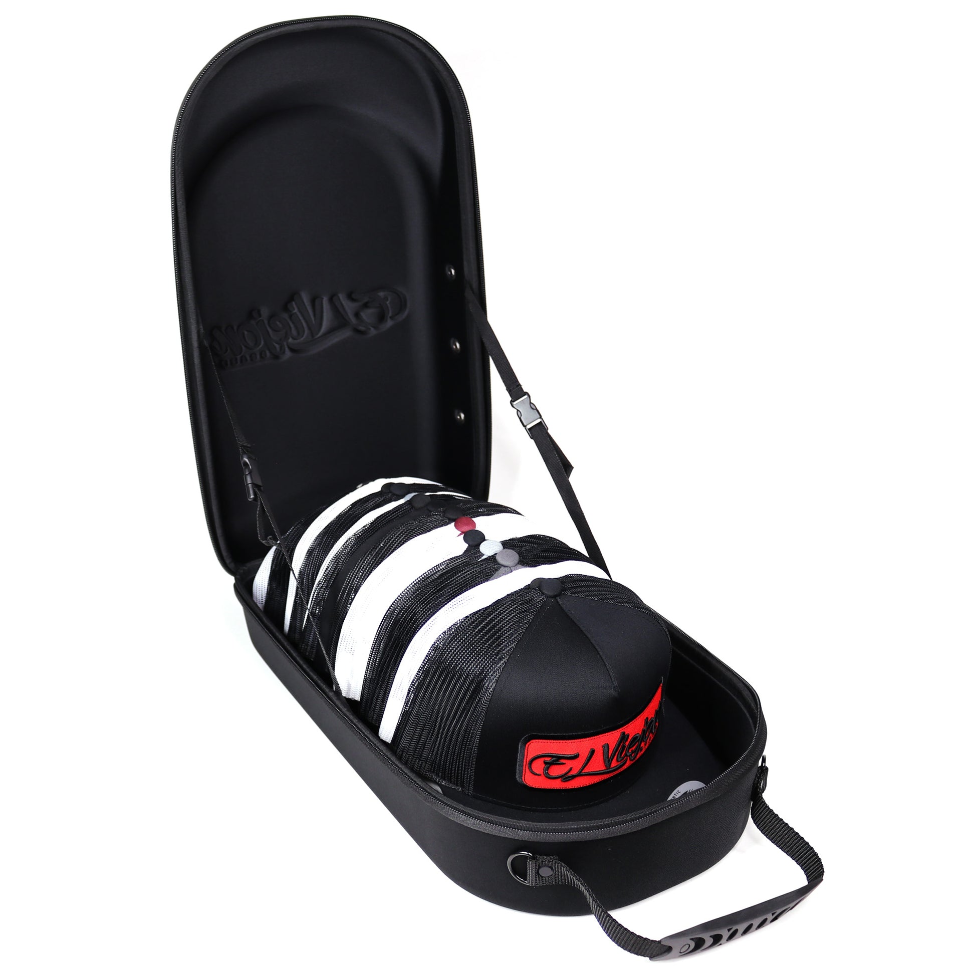Black El Viejon EVA rigid shell hat carrier, open with 18 caps stacked inside.