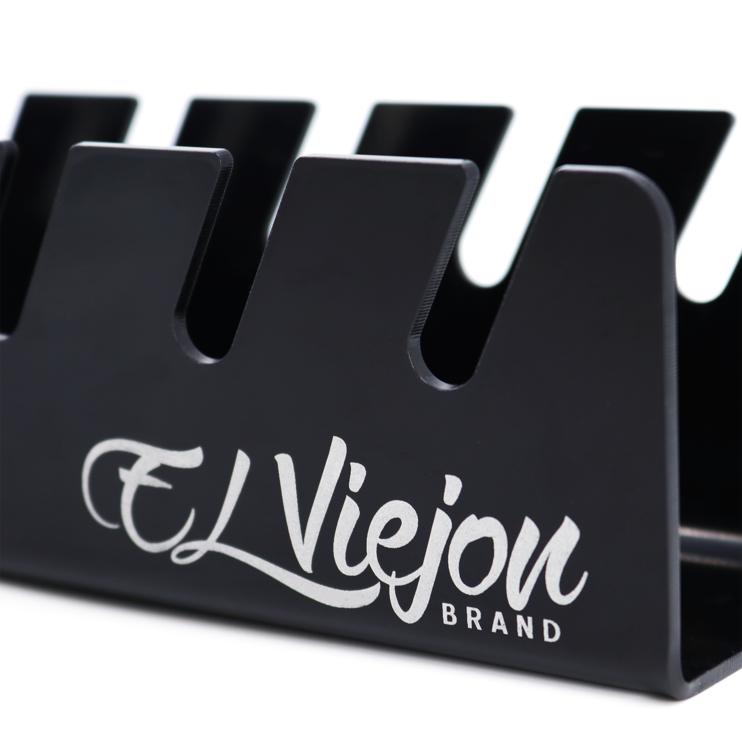 Black glossy acrylic hat organizer with "El Viejon Brand" logo, featuring 7 slots.