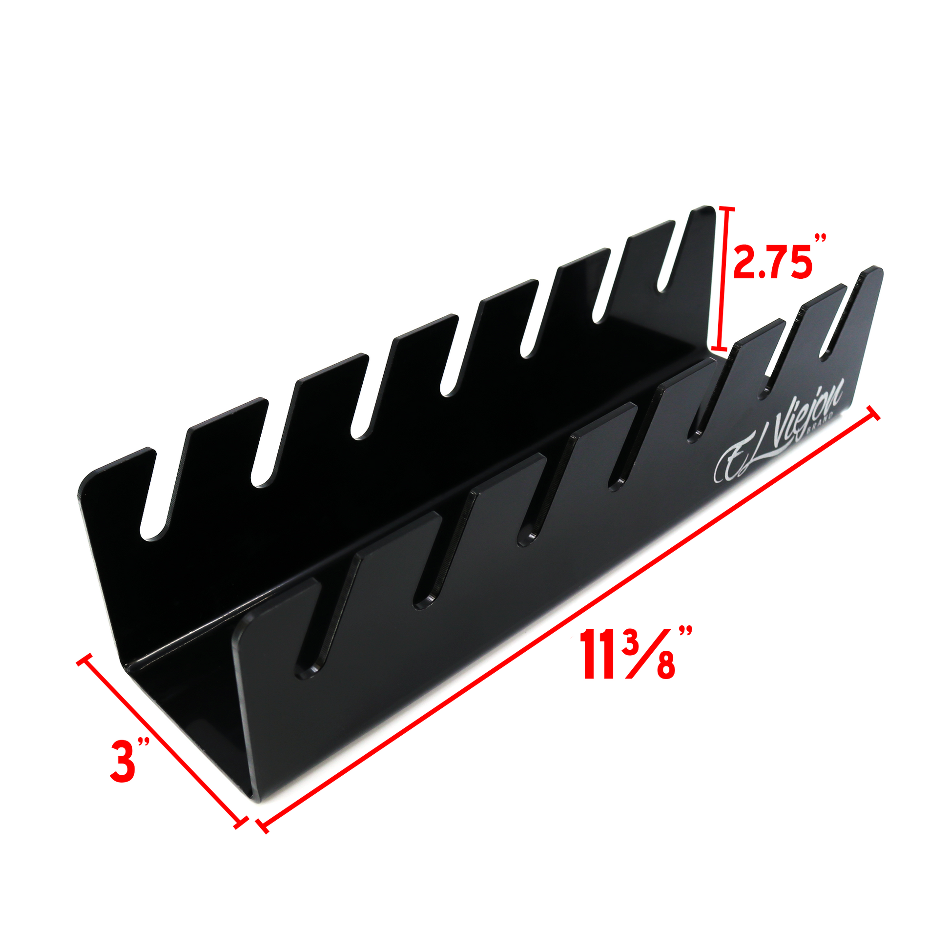 Black glossy acrylic hat organizer with 7 slots, measuring 11 3/8" x 2.75" x 3".