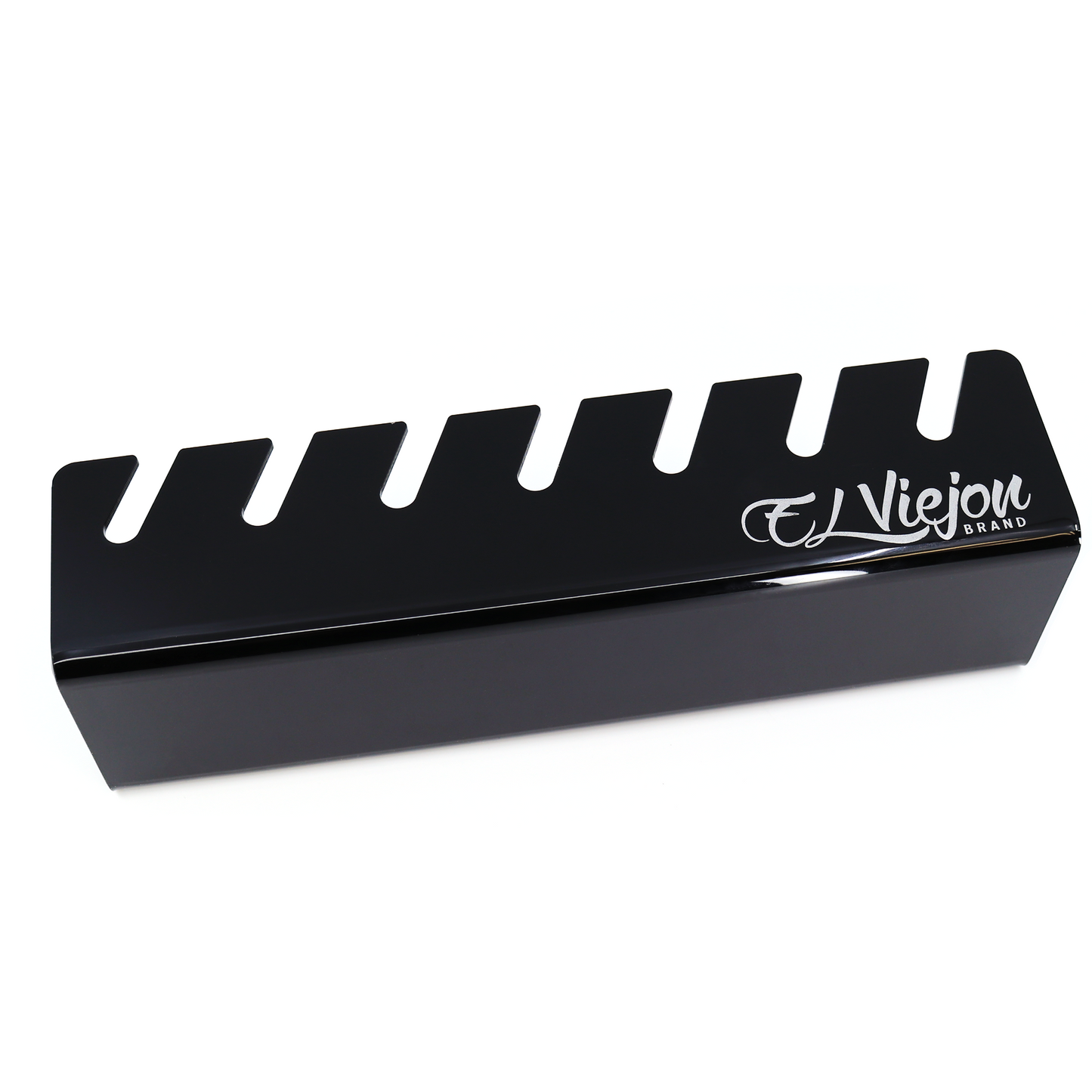 Black glossy acrylic hat organizer with 7 slots and "El Viejon Brand" logo.