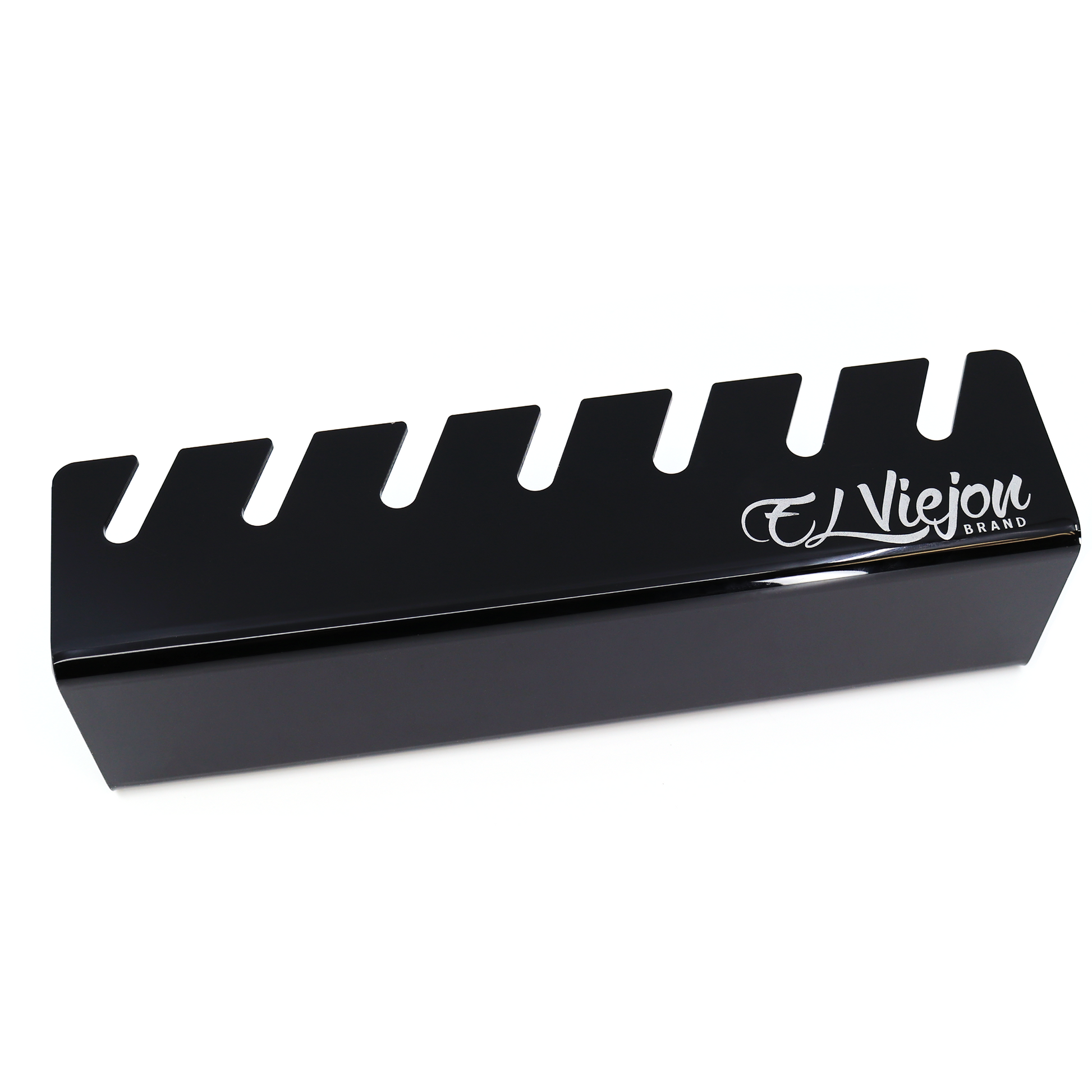 Black glossy acrylic hat organizer with 7 slots and "El Viejon Brand" logo.