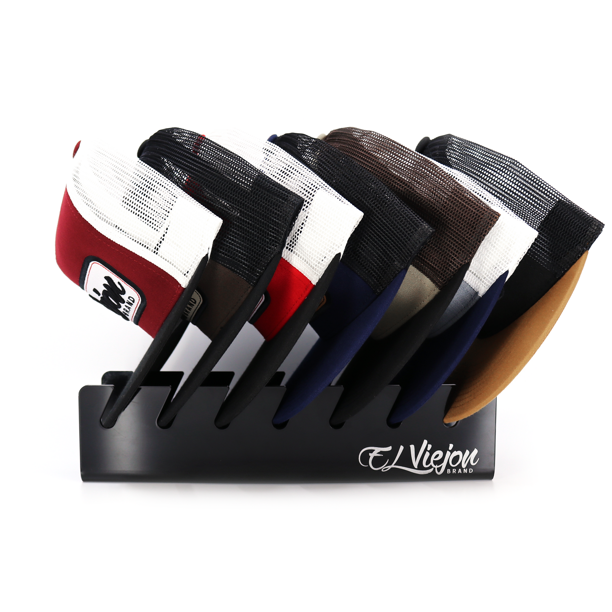 Black glossy acrylic hat organizer holding seven colorful trucker hats.
