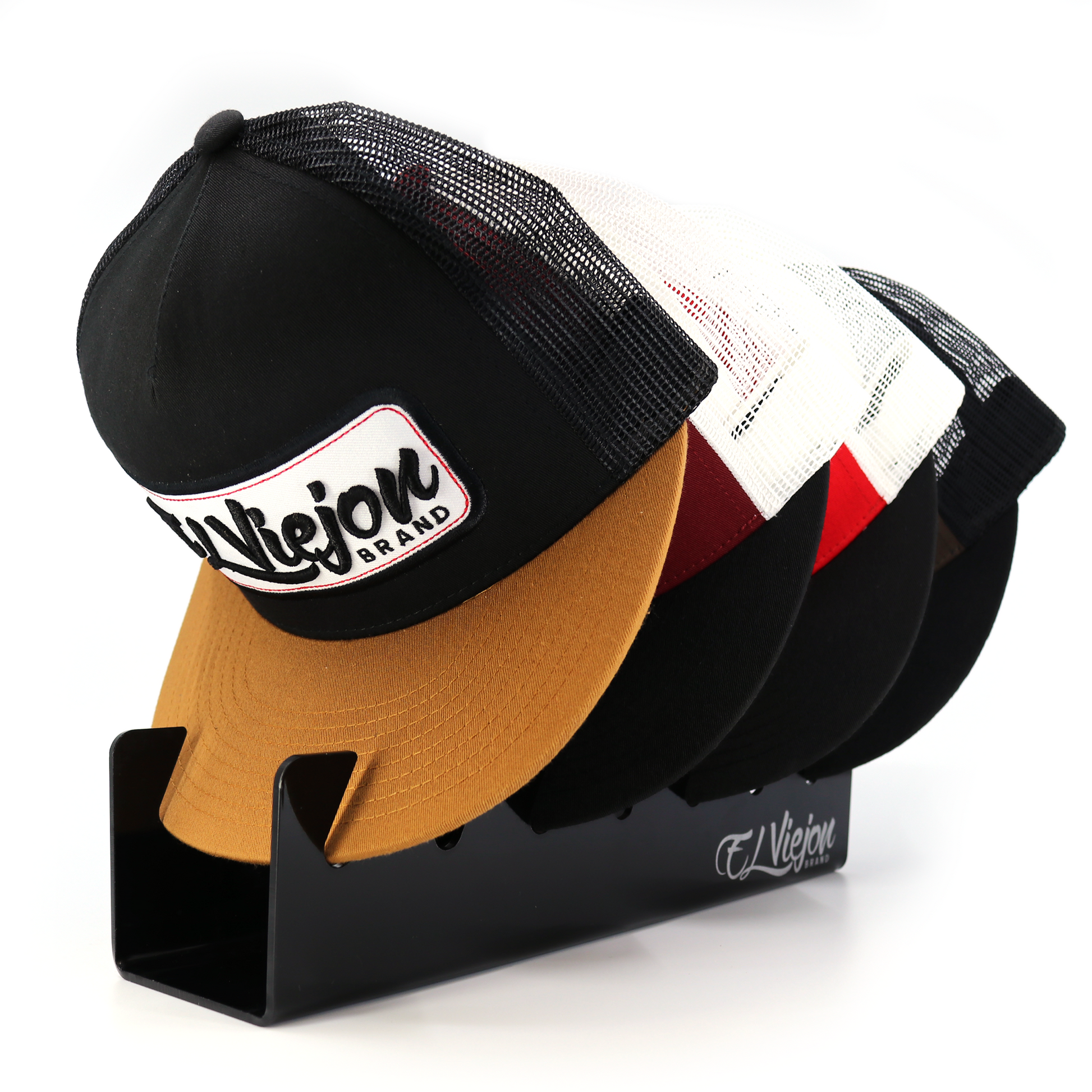 Black glossy acrylic hat organizer holding five hats, showcasing its 7-slot design.