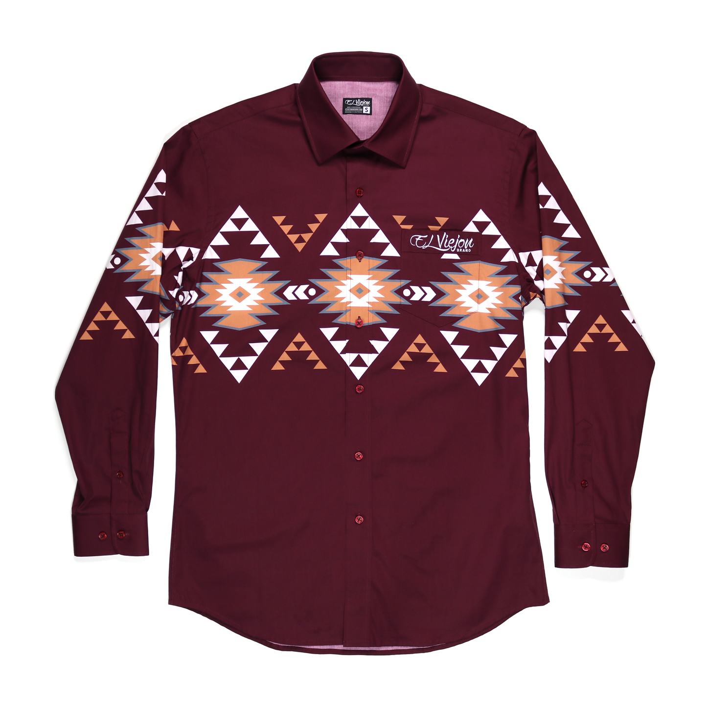 Hidalgo Maroon dress shirt with white, orange, and brown Aztec pattern, long sleeves, and front pocket.