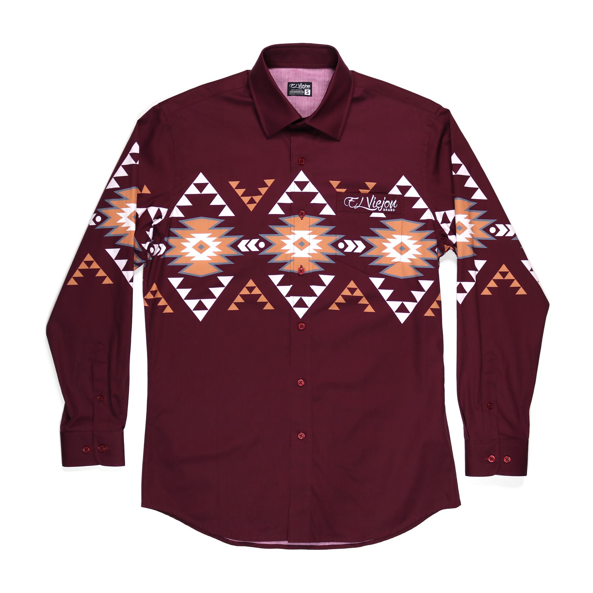 Hidalgo Maroon dress shirt with white, orange, and brown Aztec pattern, long sleeves, and front pocket.