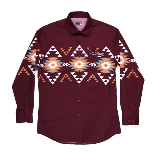 Hidalgo Maroon dress shirt with white, orange, and brown Aztec pattern, long sleeves, and front pocket.