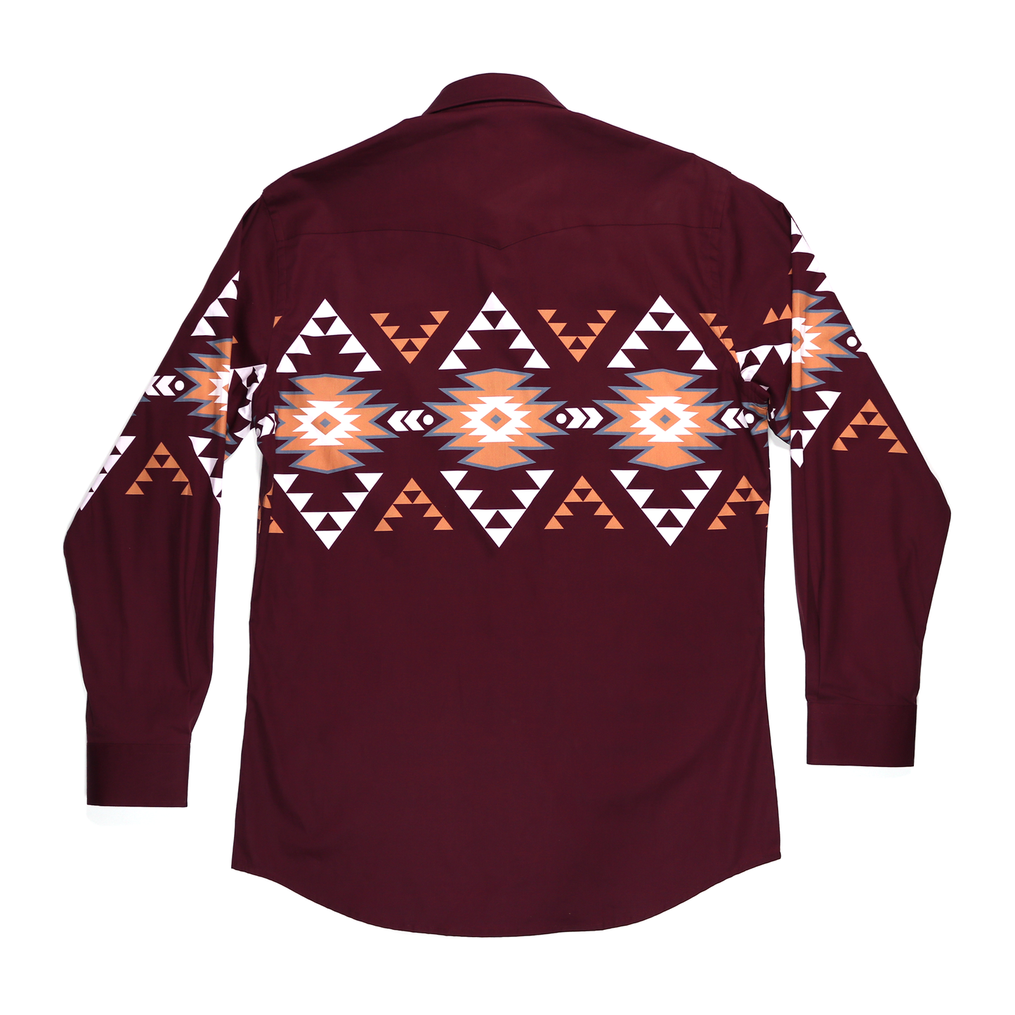Hidalgo Maroon dress shirt with long sleeves and a white, orange, and gray geometric pattern.