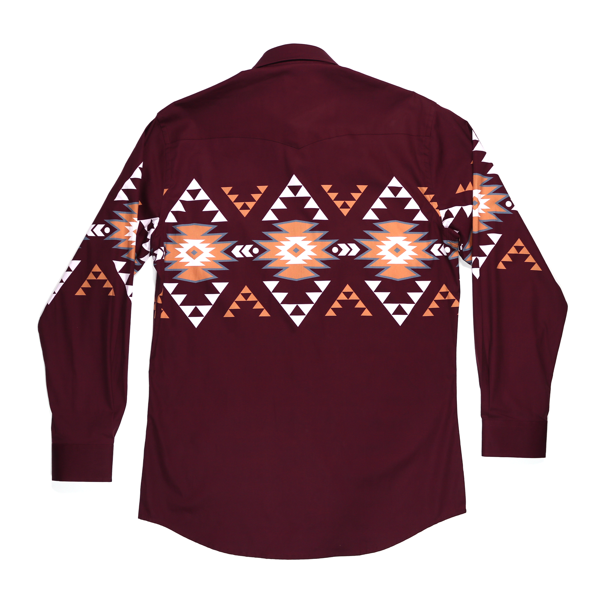 Hidalgo Maroon dress shirt with long sleeves and a white, orange, and gray geometric pattern.