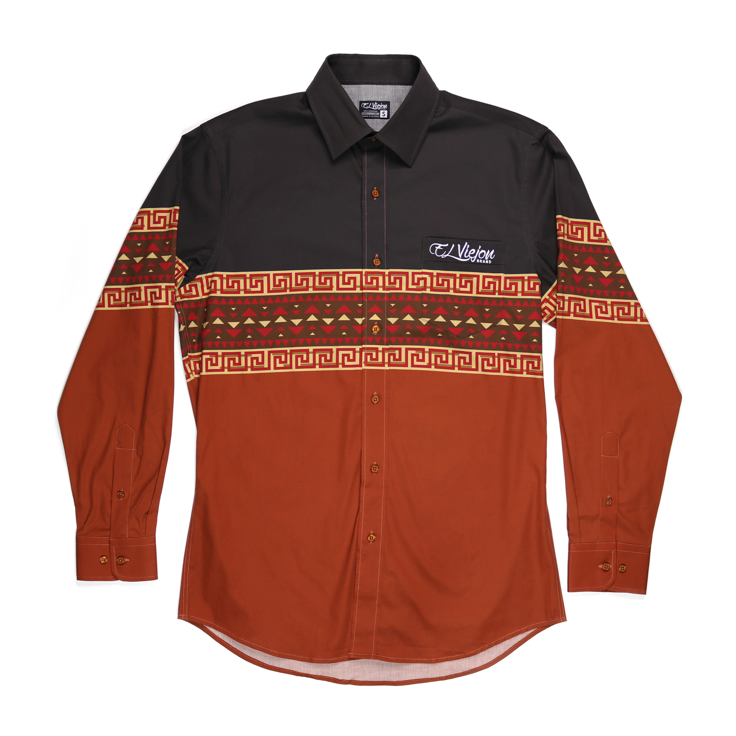 Men's Huron Brown/Rust dress shirt with geometric pattern, long sleeves, straight collar, and El Viejon Brand logo.