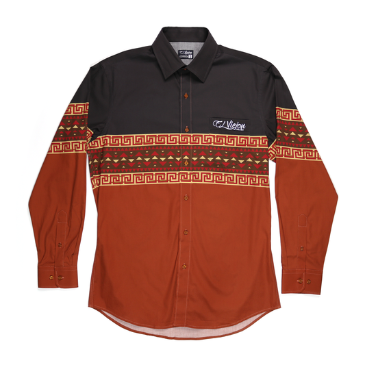 Men's Huron Brown/Rust dress shirt with geometric pattern, long sleeves, straight collar, and El Viejon Brand logo.